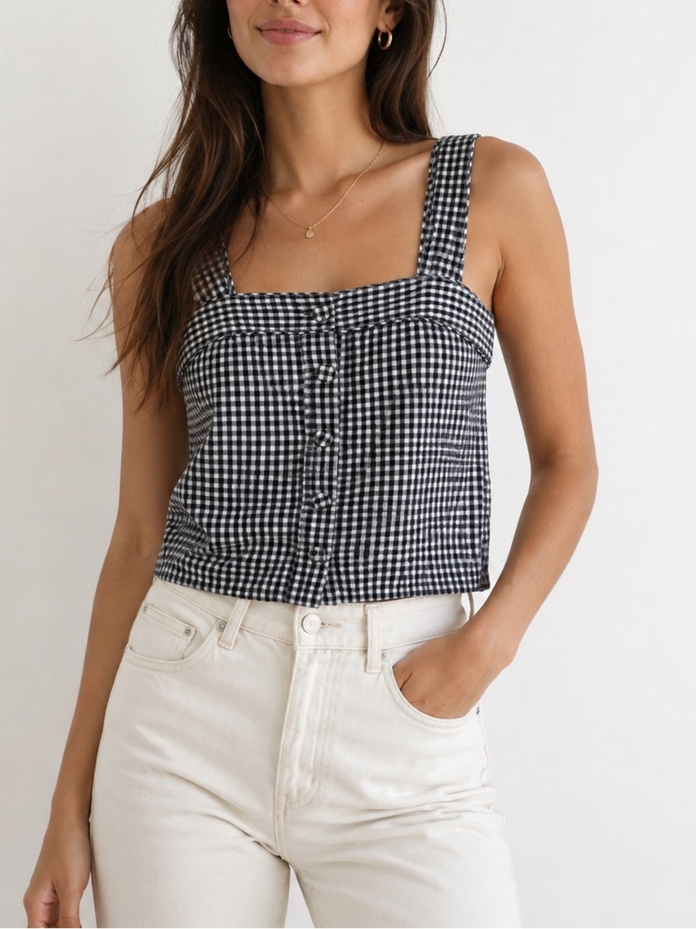 FRNCH Paris Gingham Tank Top Black White Plaid Button Front Babydoll Y2K Casual